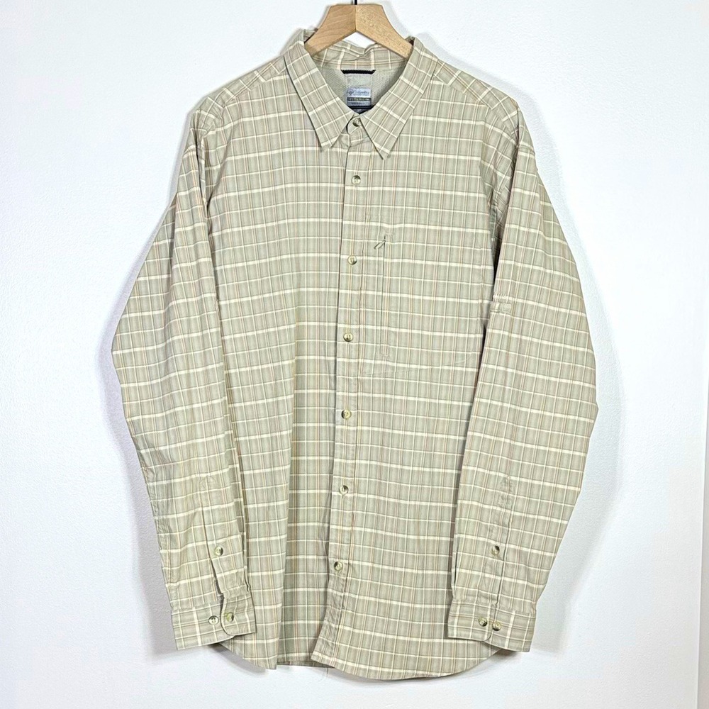 Columbia Titanium Mens Omni Dry Vented Fishing Shirt XXL Tan Plaid Long Sleeve